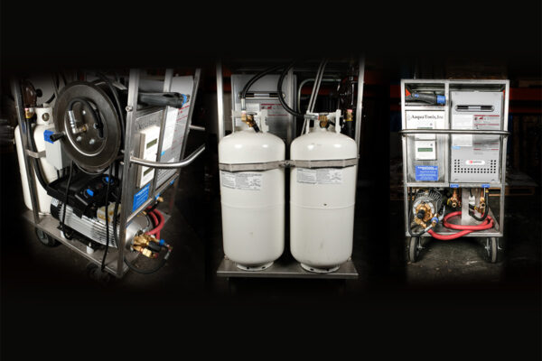 Aaquatools Hot Cart (3) Portable Hot Water Generator / Hp Washer - Ss Portable Cart W/ Locking Casters, (2) Aaquatools N-1991 Lp Tankless Water Heaters, Kew Poseidon 7-67 Hp Washer, 50' Hp Hose Reel Mounted, Kew Ergo 2000 Gun And Lance